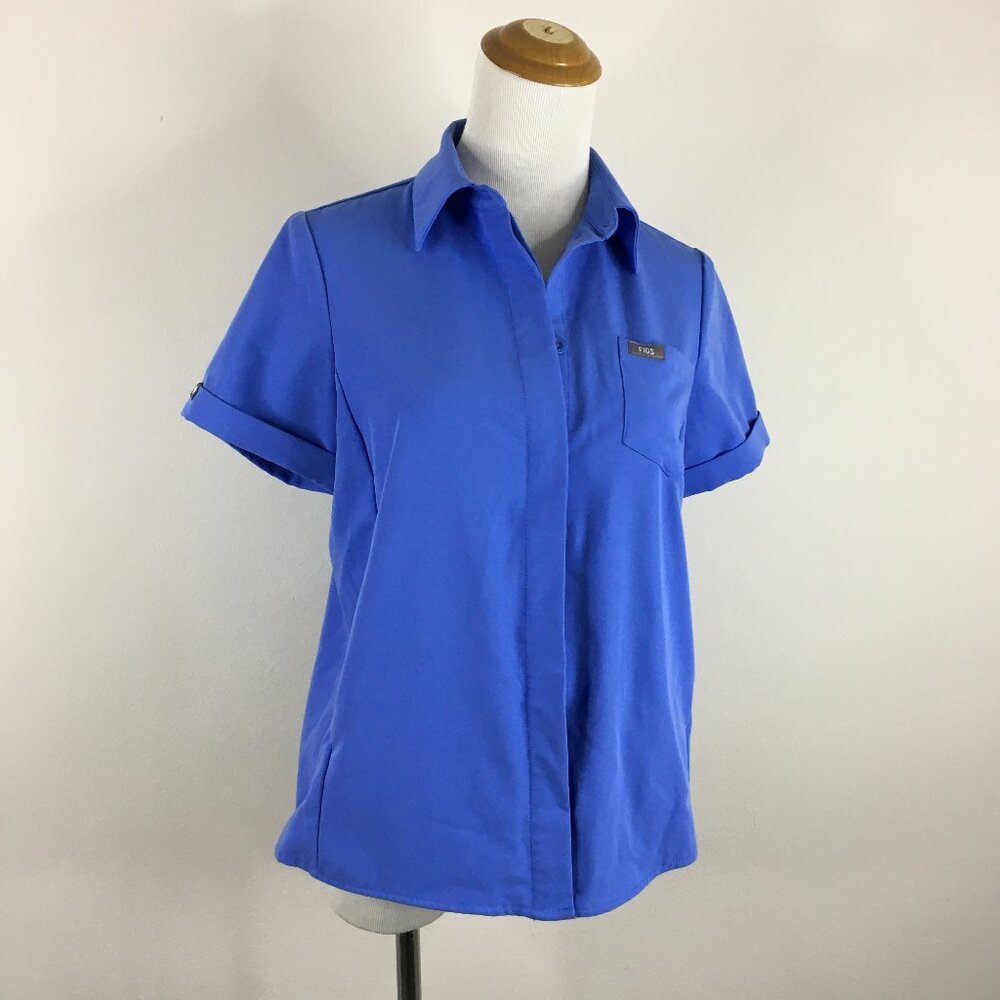 FIGS Blue Zip Pockets Short Sleeve Hidden Logo Button Scrubs Shirt Top